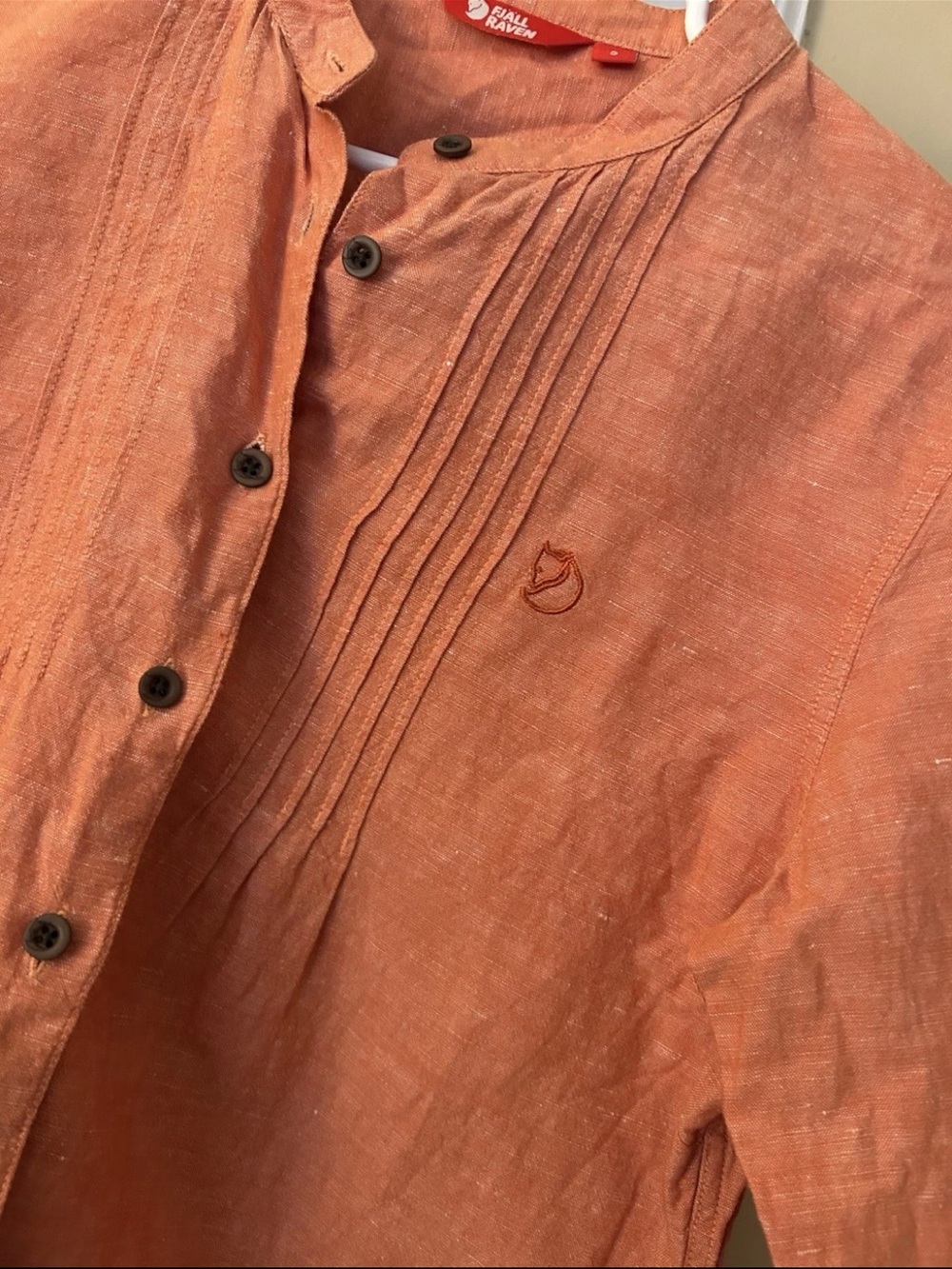 Fjallraven orange button down collarless long sleeve shirt woman's small - Picture 2 of 5